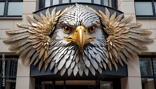 a gold eagle statue is on a building with a gold beak.