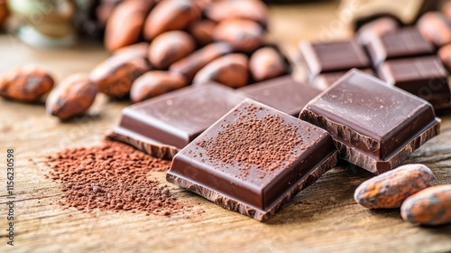 Rustic chocolate idea. Delicious dark chocolate pieces with cocoa beans on a rustic wooden table. photo