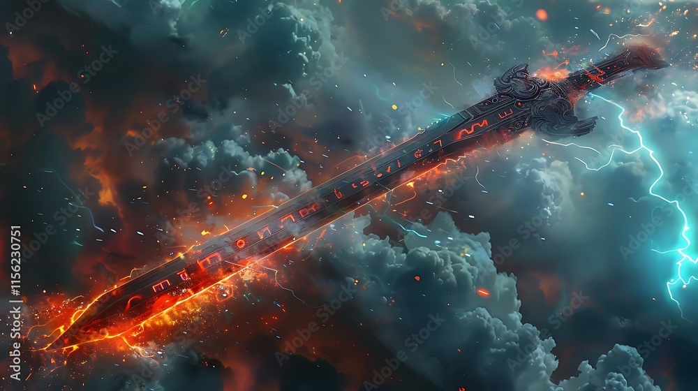 Fototapeta premium Fiery sword engulfed in stormy clouds and lightning.