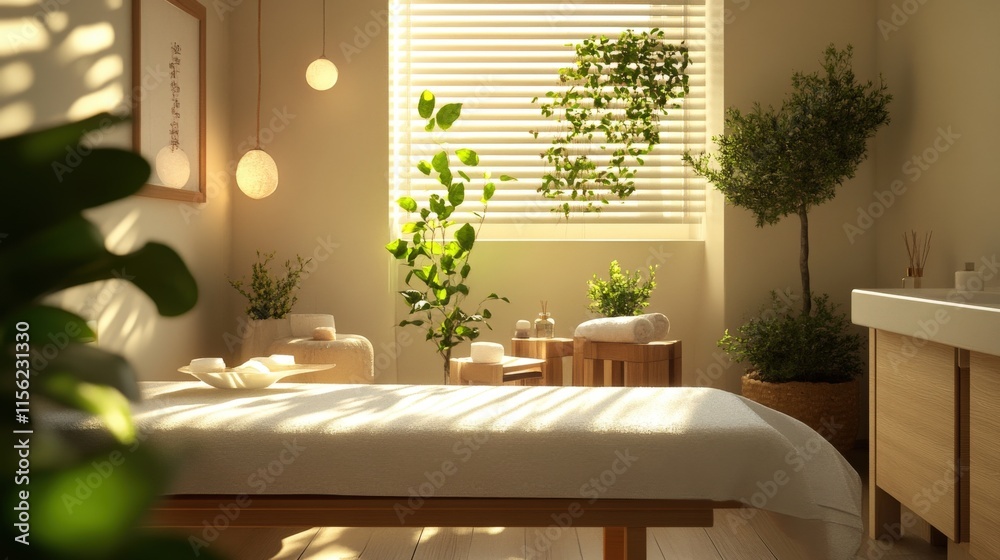 Serene Spa Room With Massage Table And Plants Serene Spa Room With Massage Table And Plants