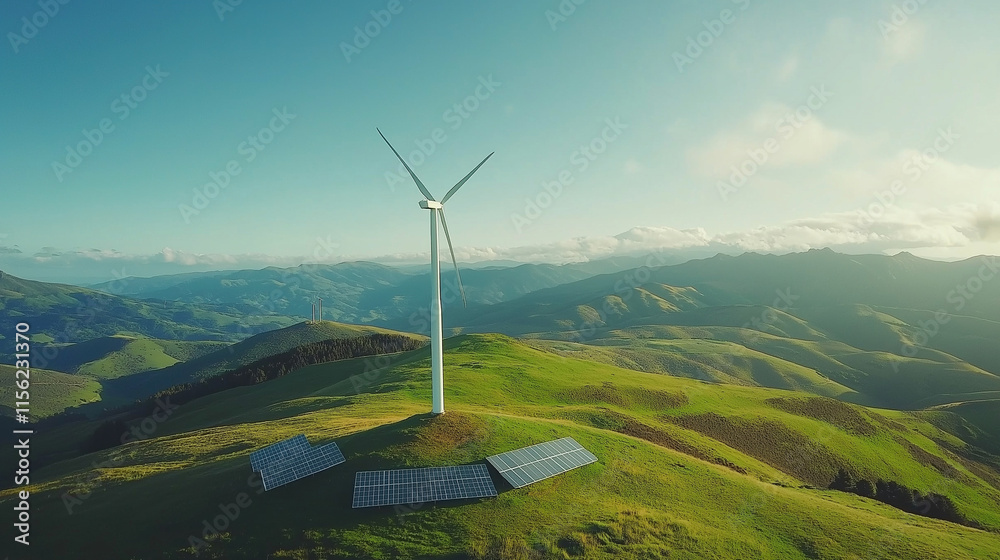 Wind Turbine Energy: A solitary wind turbine stands tall on a grassy hillside, its blades gracefully turning against a backdrop of rolling hills and a clear blue sky. Wind Turbine Energy: A solitary wind turbine stands tall on a grassy hillside, its blades gracefully turning against a backdrop of rolling hills and a clear blue sky.