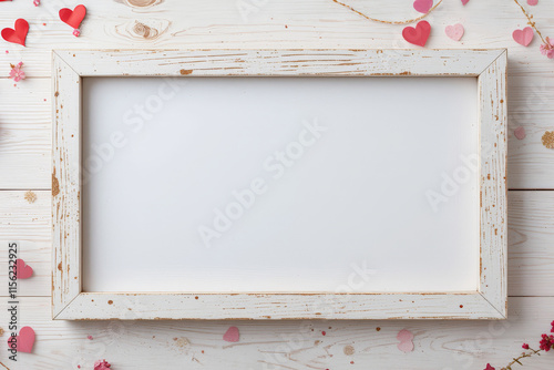 Ein romantisches Mockup mit einem horizontalen weißen Bilderrahmen, umrahmt von roten und rosa Herzen sowie Blüten, auf hellem Holz-Hintergrund. Perfekt für Valentinskarten. Generative KI. photo