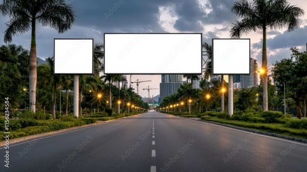 Vibrant City Street Lined with Tall Palm Trees and Colorful Billboards Creating a Lively Urban Atmosphere under Clear Blue Sky on a Sunny Day Vibrant City Street Lined with Tall Palm Trees and Colorful Billboards Creating a Lively Urban Atmosphere under Clear Blue Sky on a Sunny Day