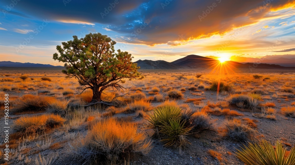 Majestic Desert Sunset with Lone Tree Majestic Desert Sunset with Lone Tree