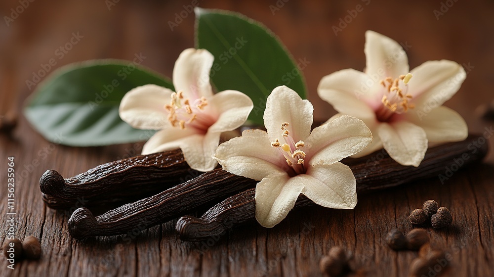 Vanilla Beans and Blossoms Resting on Dark Wood Vanilla Beans and Blossoms Resting on Dark Wood