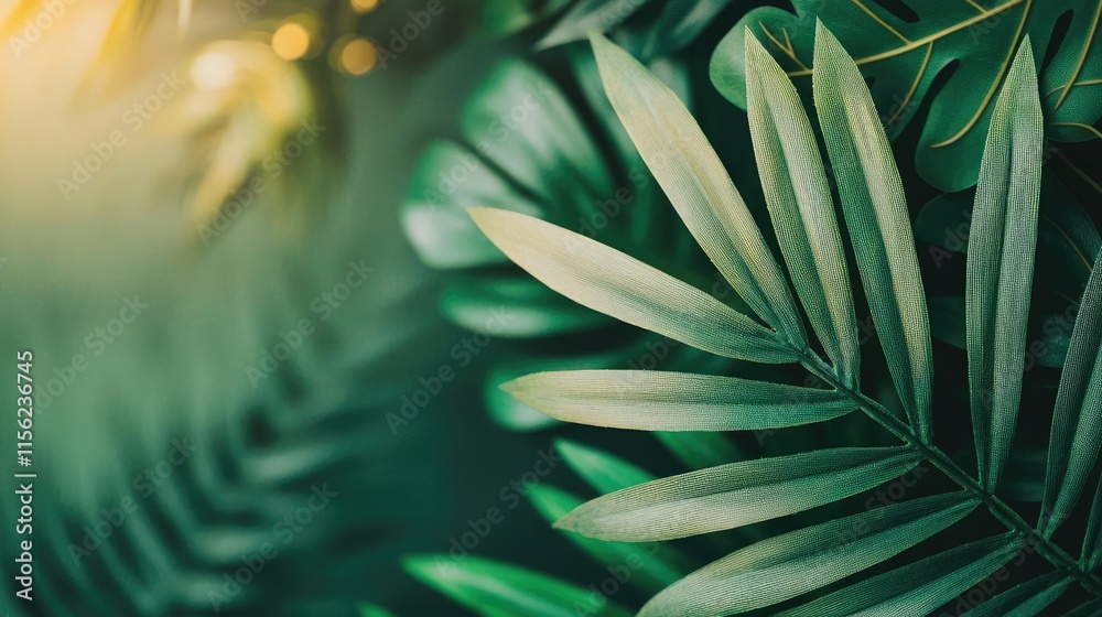 Fototapeta premium Blurred bokeh concept. Vibrant green leaves illuminated by soft sunlight in a lush, tropical setting.