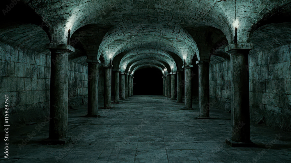 Obraz premium Mysterious Underground Hall with Tall Crumbling Stones and Dim Lighting
