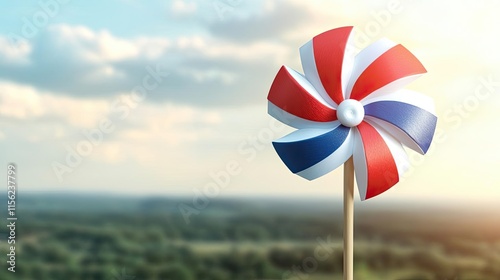 Fourth july idea. A colorful pinwheel spinning in the gentle breeze against a beautiful landscape. photo