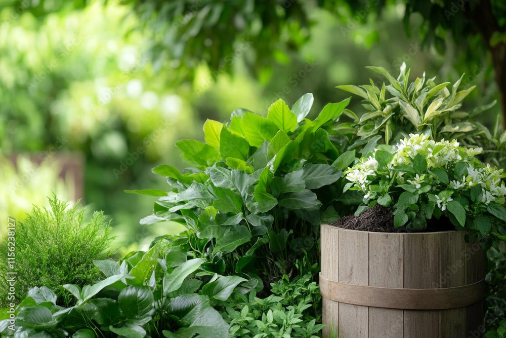 Lush green plants in wooden planter create serene garden atmosphere Lush green plants in wooden planter create serene garden atmosphere