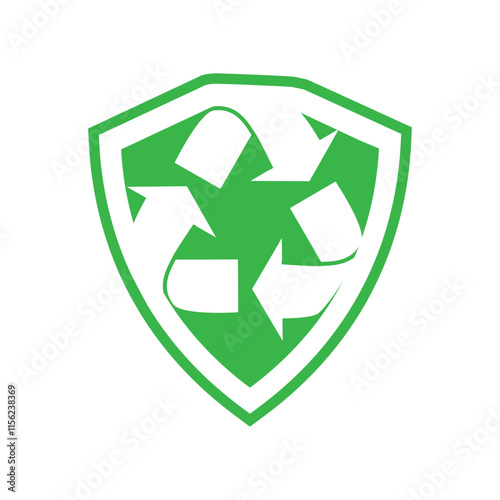 This is a flat logo design of a recycle arrow icon inside a shield in green and white color