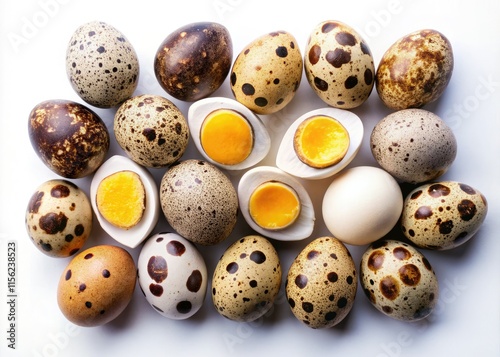 Boiled quail eggs, a pristine white backdrop, captured in high-resolution aerial food photography. photo