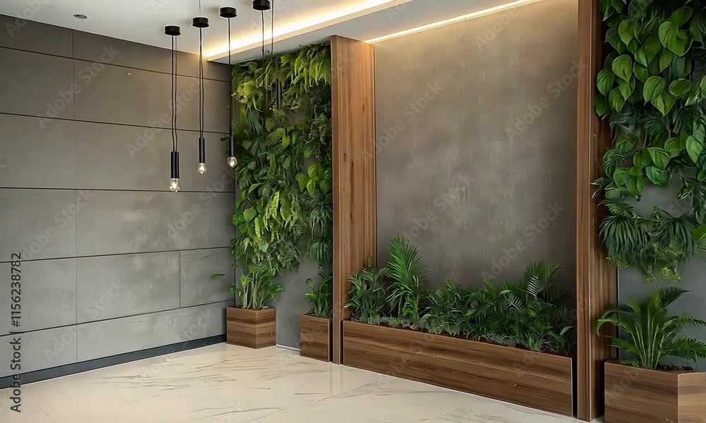 Office wall background surrounded lush green plants and ambient lighting