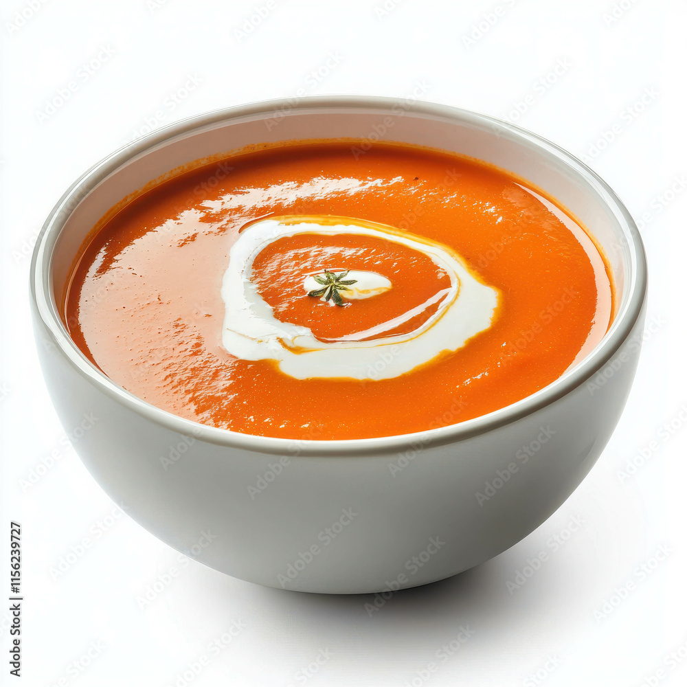 Creamy Tomato Soup with Cream Swirl in White Bowl Ready to Be Served Creamy Tomato Soup with Cream Swirl in White Bowl Ready to Be Served