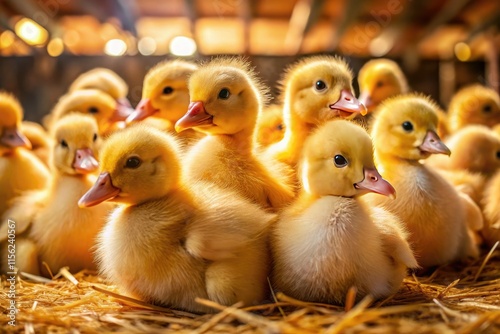 Fluffy yellow ducklings, a delightful sight on a rustic farm.