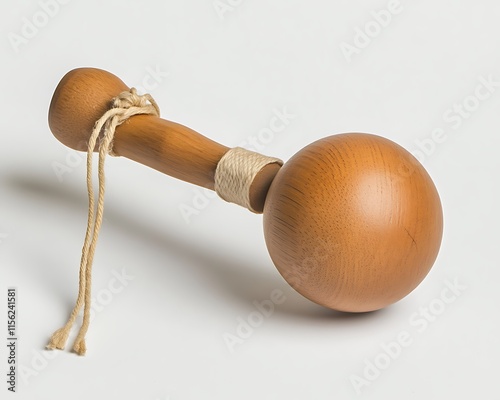 A kendama toy with a wooden ball tethered by string on a solid white background.