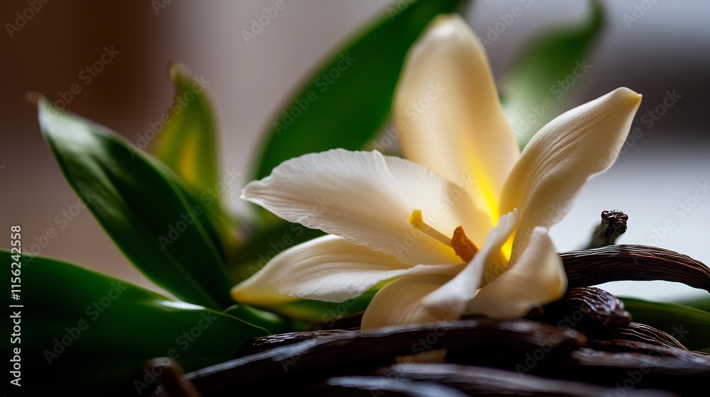 Obraz premium Vanilla Flower and Beans: A Close-Up of Nature's Sweetness