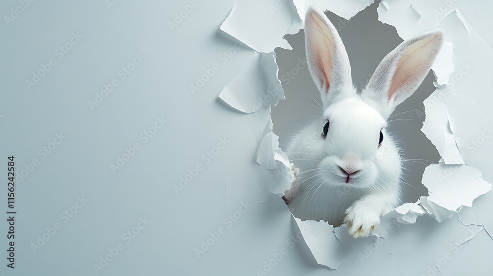 Obraz premium Adorable White Bunny Peeking Through Torn Paper