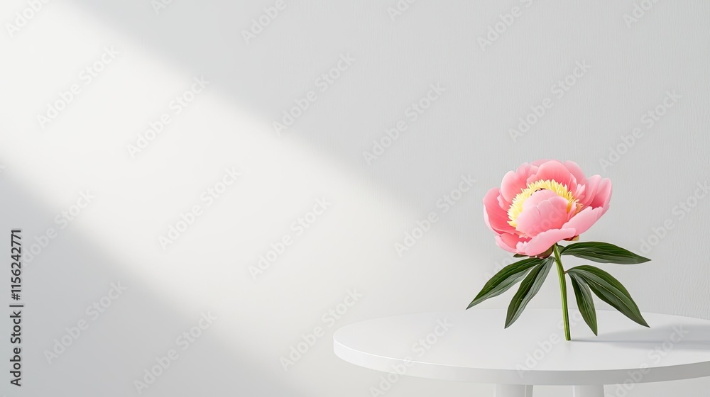 Fototapeta premium Minimal floral idea. A delicate pink peony flower on a white table, illuminated by soft sunlight.