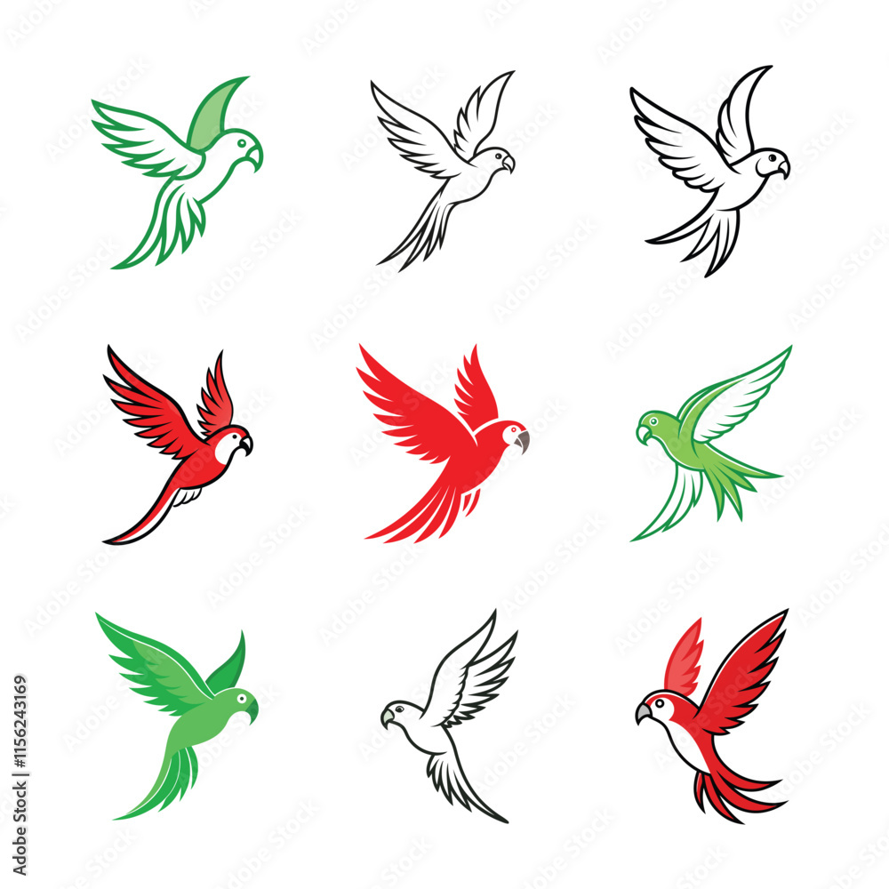 9 icon set multicolored parrot flies through the sky. 9 icon set multicolored parrot flies through the sky.