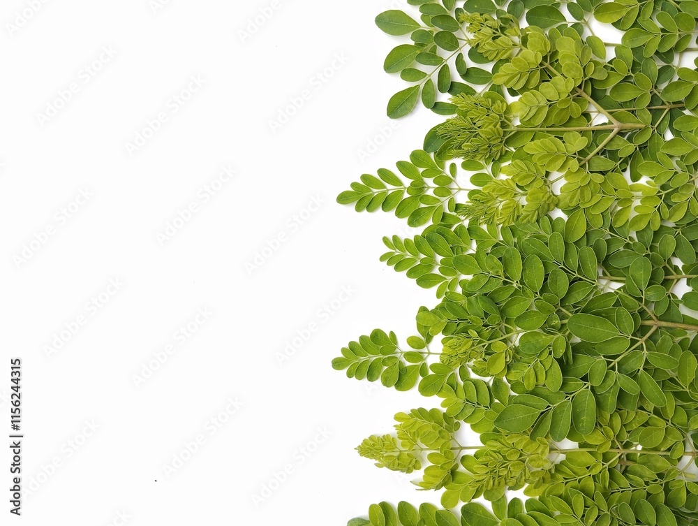 Moringa leaves on white background with negative space for text. Herb medicine plant, Vegetarian cuisine Moringa leaves on white background with negative space for text. Herb medicine plant, Vegetarian cuisine