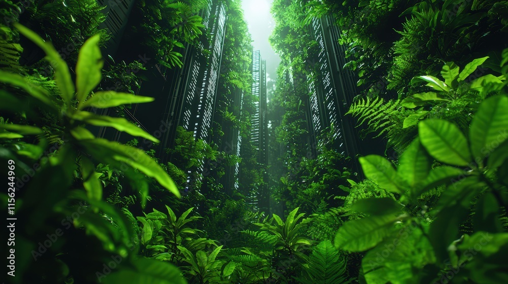 Fototapeta premium Lush Green Forest Filled with Vibrant Flora and Diverse Plant Life Creating a Tranquil and Inviting Natural Environment in the Heart of Nature