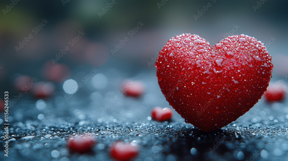 red glittery heart with droplets on dark surface, surrounded by smaller hearts, evokes feelings of love and romance. Perfect for Valentine Day or romantic occasions red glittery heart with droplets on dark surface, surrounded by smaller hearts, evokes feelings of love and romance. Perfect for Valentine Day or romantic occasions