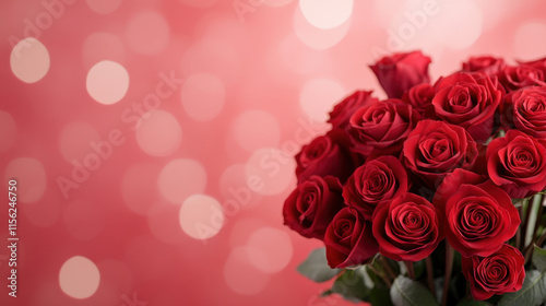 beautiful bouquet of red roses against soft bokeh background, perfect for romantic occasions like Valentine Day. vibrant colors evoke love and affection
