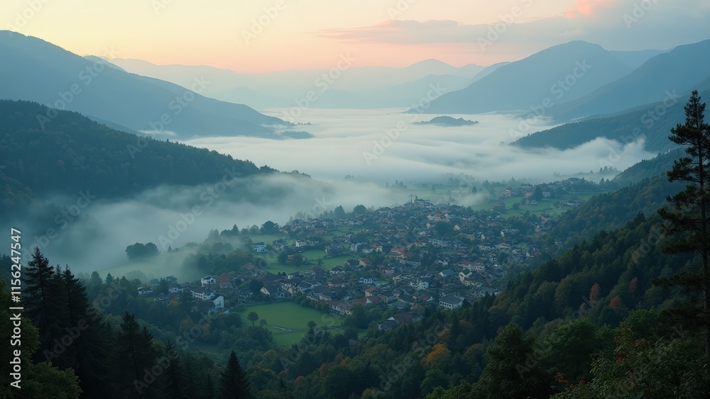 Fototapeta premium Misty Mountain Valley Sunrise: A Serene Alpine Village