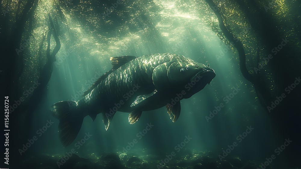 Fototapeta premium Majestic Carp Illuminated Underwater in Dark Forest