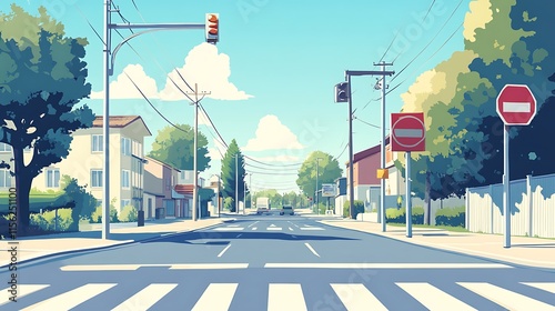 A Sunny Suburban Street Scene With Traffic Signals photo