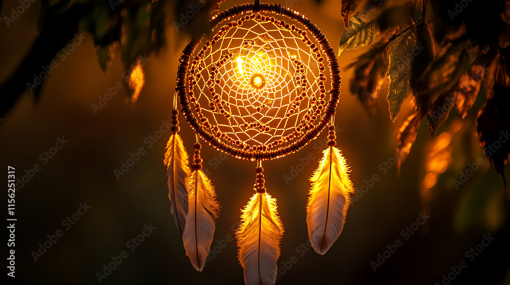 Obraz premium traditional Native American dreamcatcher with intricate design, glowing softly warm light of sunset, evokes sense of peace and