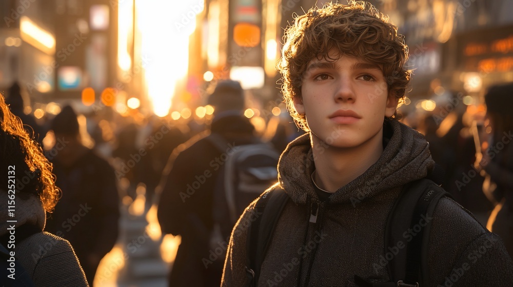 Obraz premium Young man in a crowd during sunset.