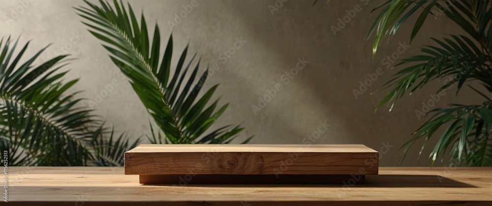 Wooden Product Display Platform with Tropical Plants Wooden Product Display Platform with Tropical Plants