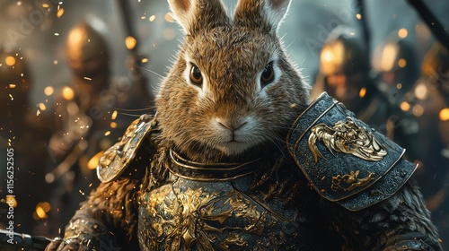 Brave Bunny Knight: A digital art depicting a courageous rabbit in gleaming armor, amidst a fierce battle, sparks flying, showcasing fantasy and bravery. photo