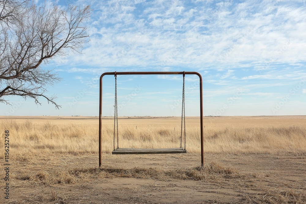 Isolated Swing Set Against Expansive Sky and Meadow Landscape in Rural Setting Isolated Swing Set Against Expansive Sky and Meadow Landscape in Rural Setting