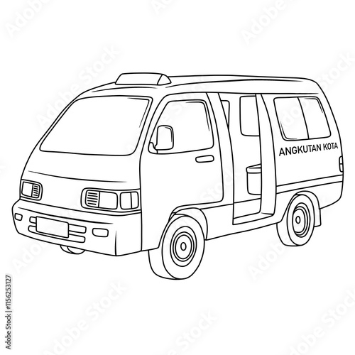 Angkot public transportation in Indonesia. Thin line illustration.