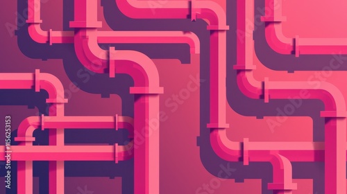 Abstract design featuring interconnected pipes in a gradient of pink hues.