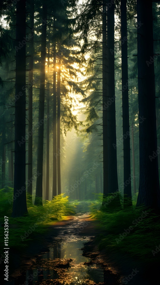 Obraz premium Serene Splendor: A Misty Forest Where Sunlight Dances Through Towering Trees and Soft Fog
