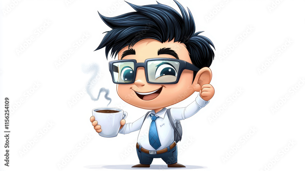 A cheerful cartoon character in a shirt and tie, holding a coffee cup, with glasses and a confident thumbs-up gesture. A cheerful cartoon character in a shirt and tie, holding a coffee cup, with glasses and a confident thumbs-up gesture.