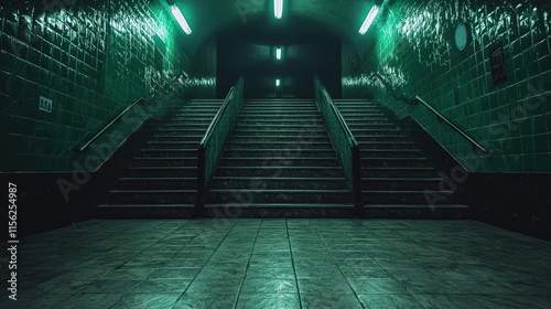 Eerie Dark Stairway Leading into Mysterious Light at the End Evoking a Sense of Intrigue and Suspense in an Atmospheric Underground Setting