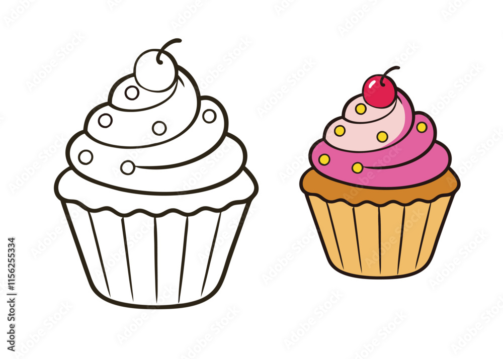 A fun cupcake coloring page featuring a delicious, frosted cupcake with sprinkles, perfect for kids to color and unleash their creativity with vibrant hues and patterns. A fun cupcake coloring page featuring a delicious, frosted cupcake with sprinkles, perfect for kids to color and unleash their creativity with vibrant hues and patterns.