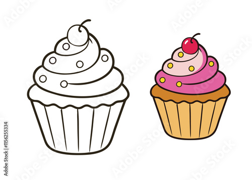 A fun cupcake coloring page featuring a delicious, frosted cupcake with sprinkles, perfect for kids to color and unleash their creativity with vibrant hues and patterns.