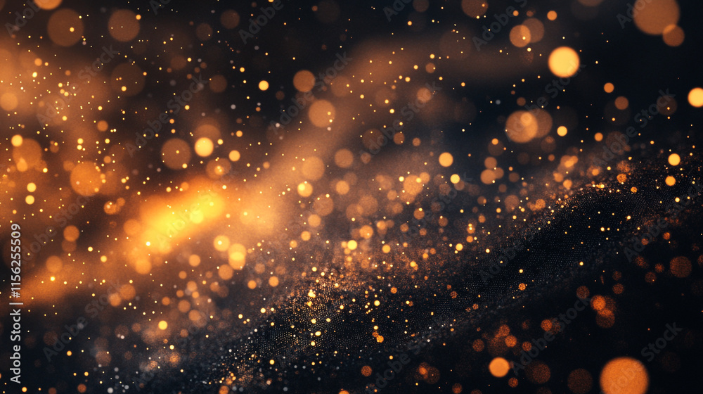 Fototapeta premium Sparkling golden particles create a mesmerizing visual effect in dark space. 