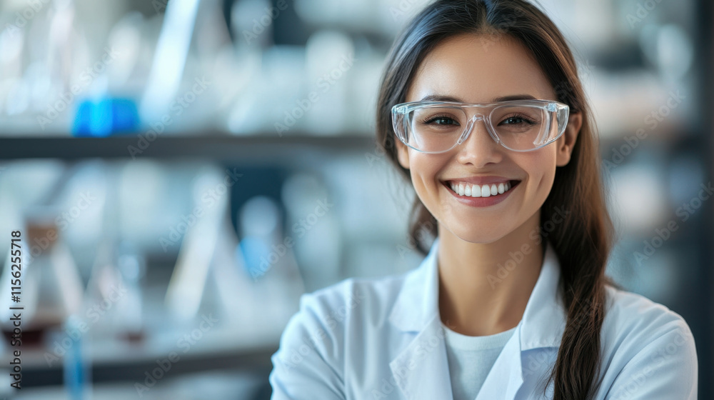 Fototapeta premium smiling woman in lab coat and safety glasses stands confidently in laboratory filled with scientific equipment. Her expression conveys enthusiasm and professionalism