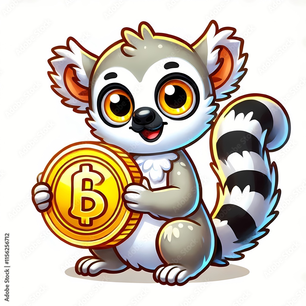 Obraz premium Cute Lemur Holding Gold Coin Cartoon Vector Icon Illustration