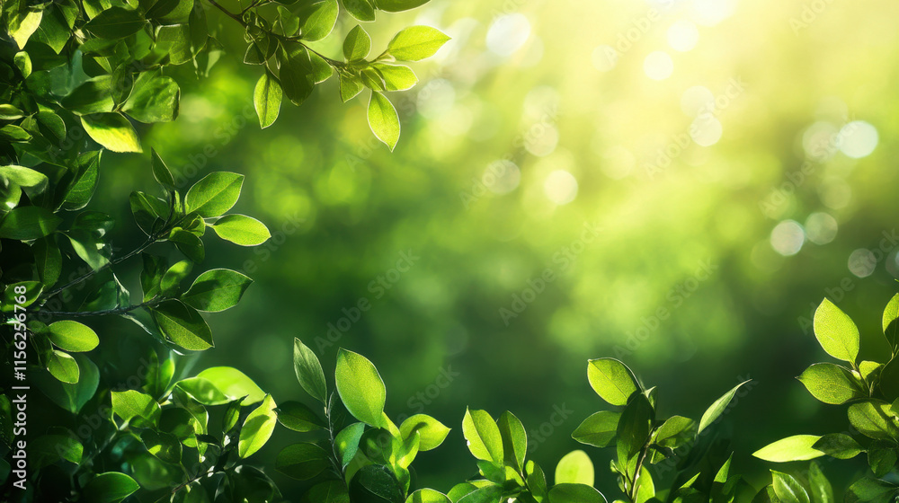 Lush green leaves create vibrant, serene atmosphere with soft sunlight filtering through. This natural backdrop evokes sense of tranquility and freshness Lush green leaves create vibrant, serene atmosphere with soft sunlight filtering through. This natural backdrop evokes sense of tranquility and freshness