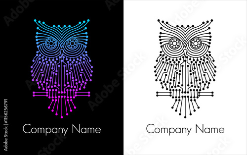 circuit board logo owls with Company Name text on contrasting backgrounds suitable for tech company logos or branding logos.