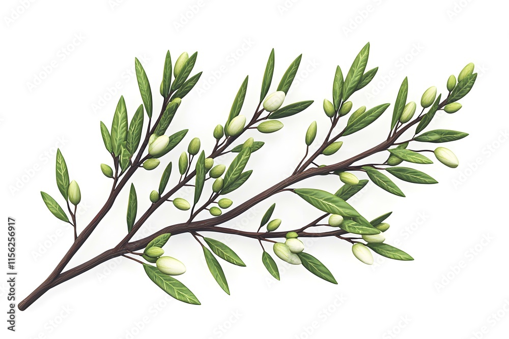 Fototapeta premium Green Olive Branch with Leaves and Unripe Olives on a White Background for Use in Illustrations and Design Projects