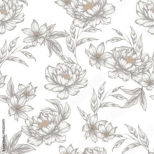 Floral seamless pattern of delicate and charming peonies and leaves with a vintage aesthetic in shades of soft brown on a white background