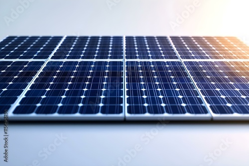 Solar Panel Array Close-Up with Sunlight Reflection on Modern Photovoltaic Cells photo